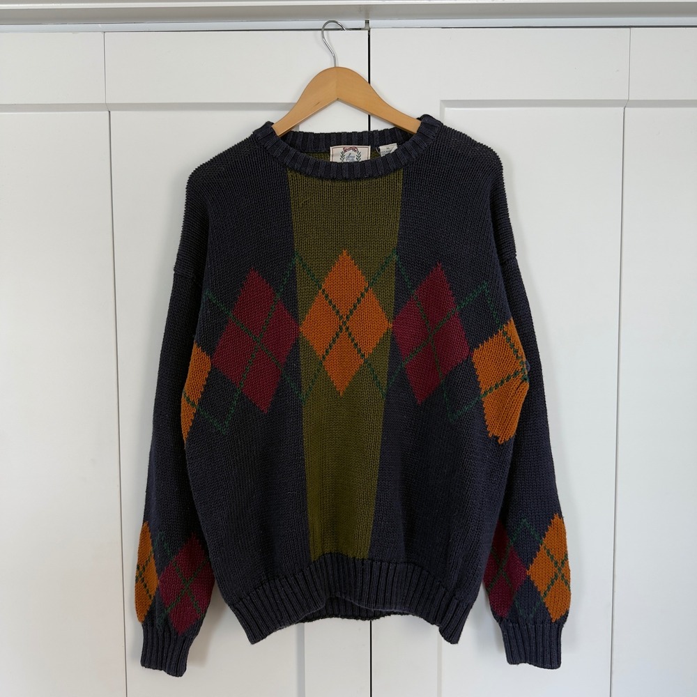 Mens Vintage Sears Since 1886 Ramie Cotton Knit Sweater XL Blue Multi Color